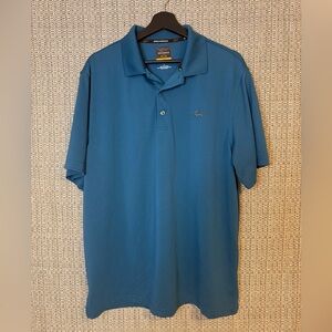Greg Norman for Tasso Elba Five Iron Polo Shirt L Play Dry Teal Blue Green Shark